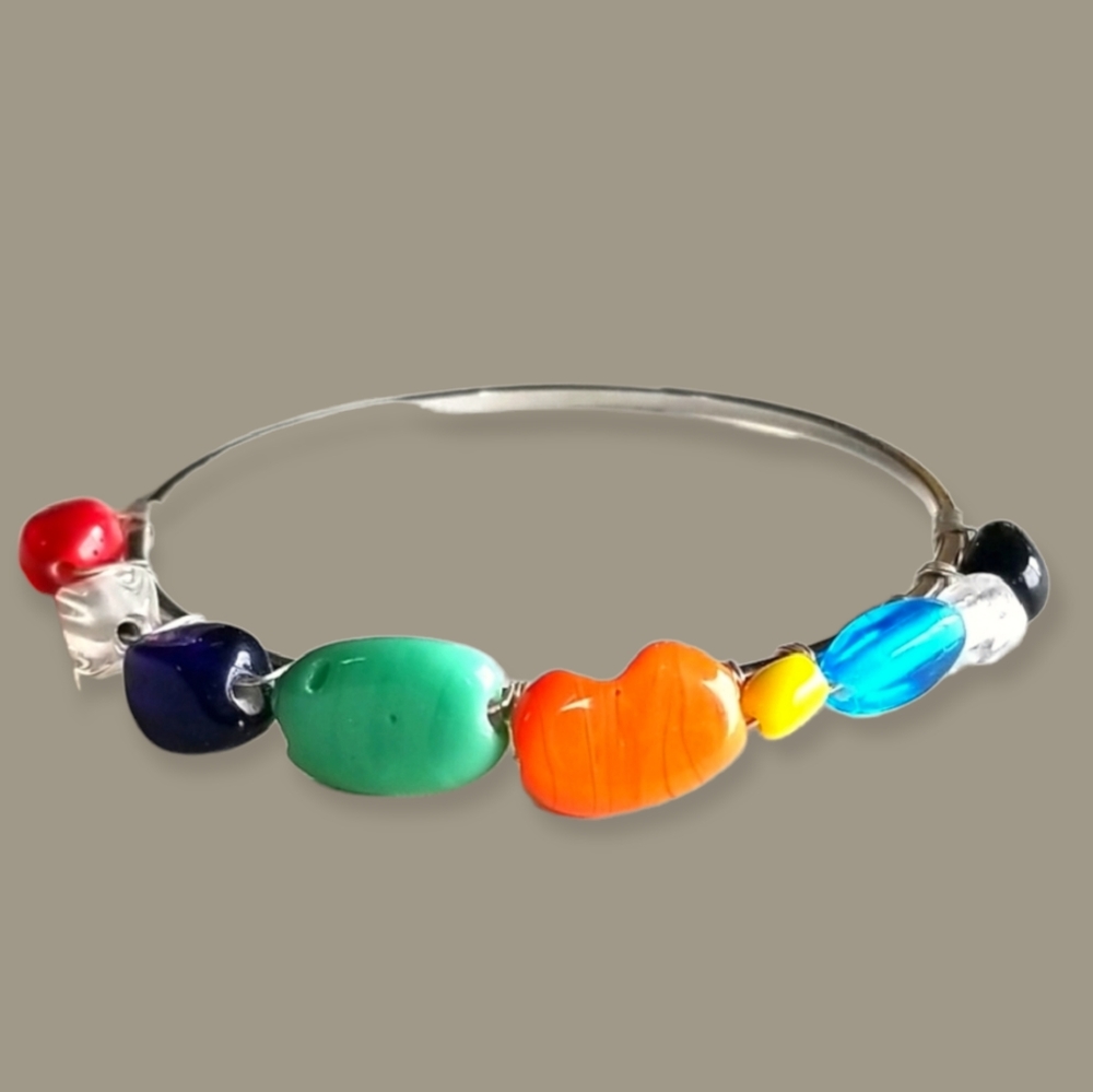 Hand Crafted Colorful Stone and Glass Bead Wire Wrapped Bangle Bracelet